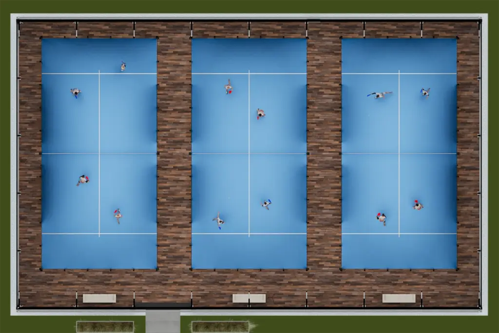 Grundriss einer Padelhalle mit 3 Indoor-Doppelcourts